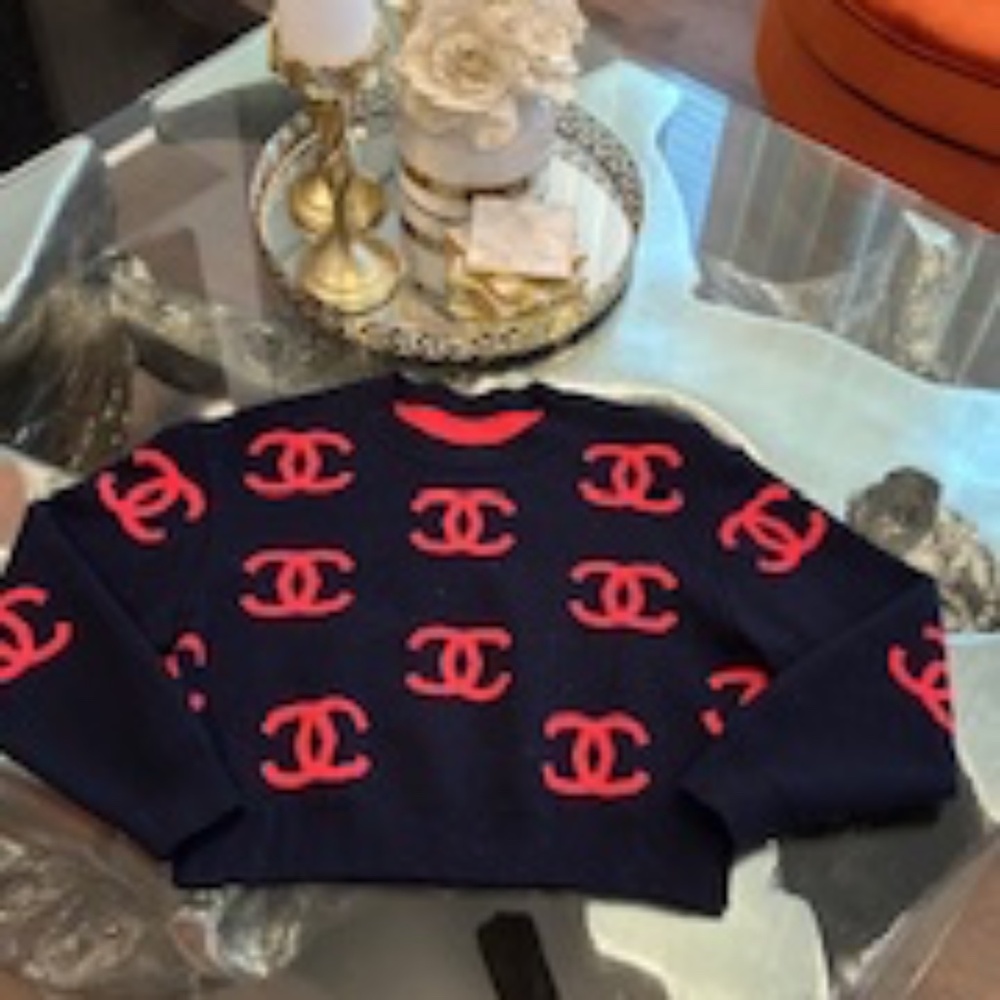 navy blue and red chanel sweater